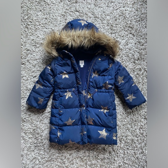 Baby Gap Parka Down fill coat jacket 3T Toddler Blue Gold Stars winter - Picture 3 of 10